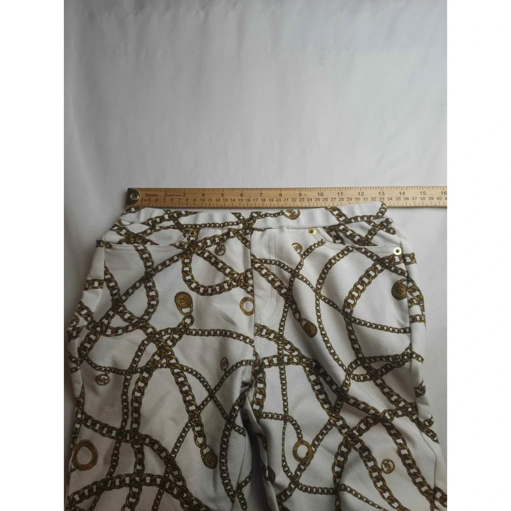 Michael Kors Womens White Gold Chain Link Print Skinny Pants Size S MK Logo